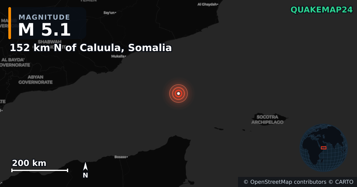 M5.1 Earthquake near 152 km N of Caluula, Somalia · 2026-06-25 — Map showing the location of the epicenter