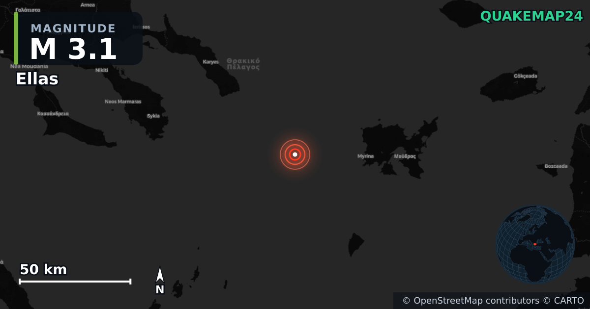M3.1 earthquake near Ellas on Sep 19, 2025 — map of epicenter and shaking intensity | QuakeMap24