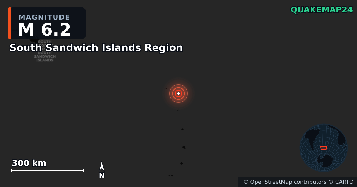 M6.2 earthquake near South Sandwich Islands Region on Jan 1, 2025 — map of epicenter and shaking intensity | QuakeMap24