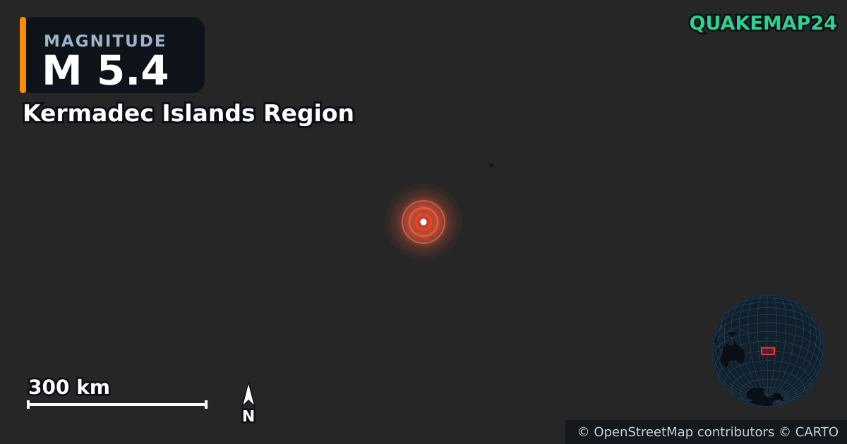 M5.4 earthquake near Kermadec Islands Region on Feb 4, 2026 — map of epicenter and shaking intensity | QuakeMap24