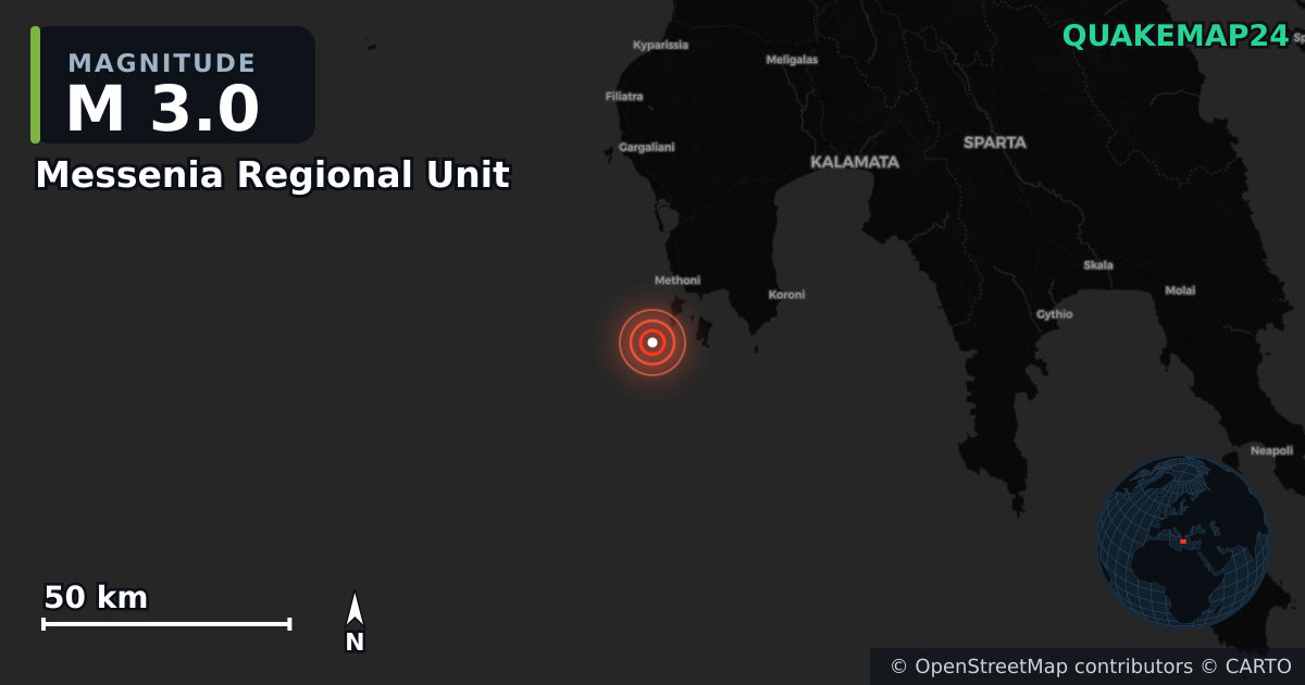 Sismo de M3,0 perto de Messenia Regional Unit, Peloponnese Region (Grécia) · 2026-06-15 — Mapa da localização do epicentro