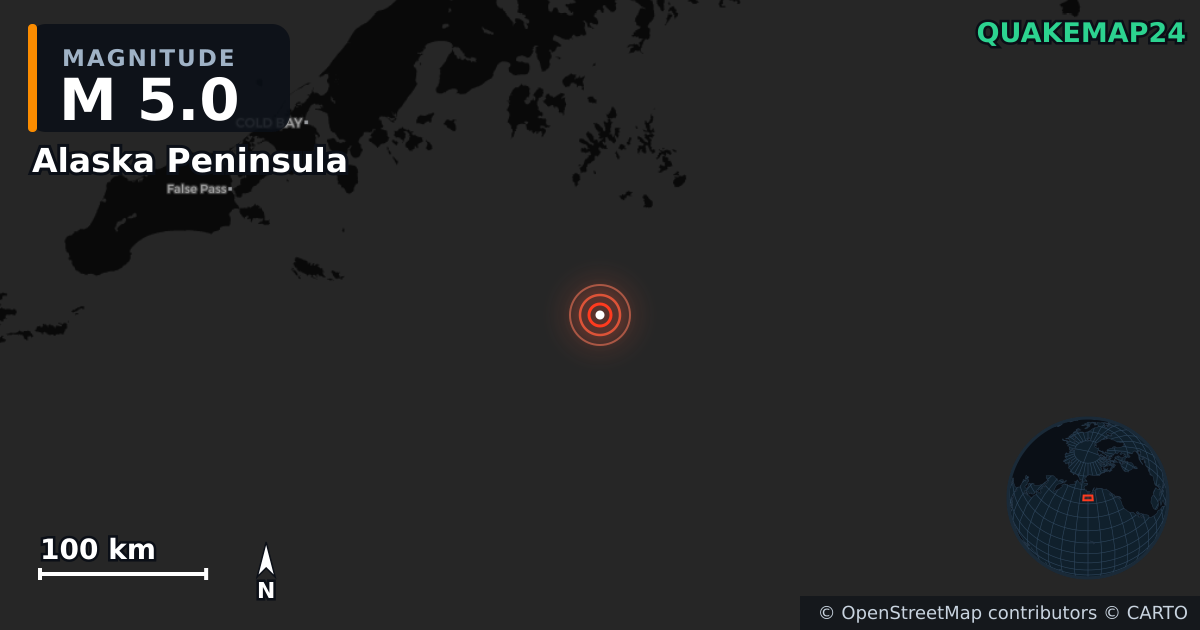 M5.0 earthquake near Alaska Peninsula on May 17, 2025 — map of epicenter and shaking intensity | QuakeMap24