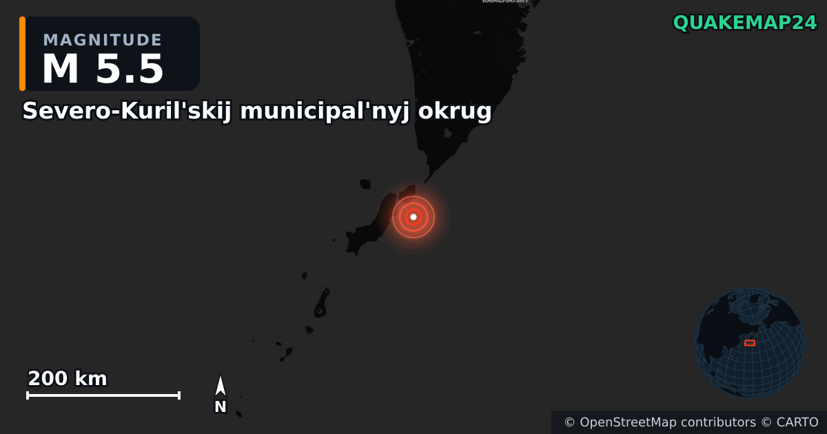 M5.5 earthquake near Severo-Kuril'skij municipal'nyj okrug on Oct 10, 2025 — map of epicenter and shaking intensity | QuakeMap24
