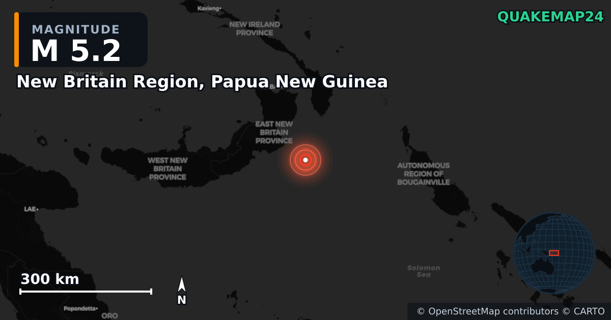 M5.2 earthquake near New Britain Region, Papua New Guinea on Aug 28, 2025 — map of epicenter and shaking intensity | QuakeMap24