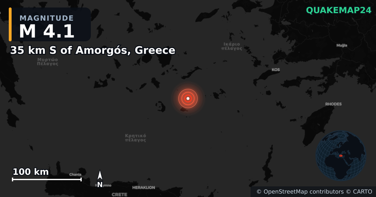 M4.1 earthquake near 35 km S of Amorgós, Greece on Feb 11, 2025 — map of epicenter and shaking intensity | QuakeMap24