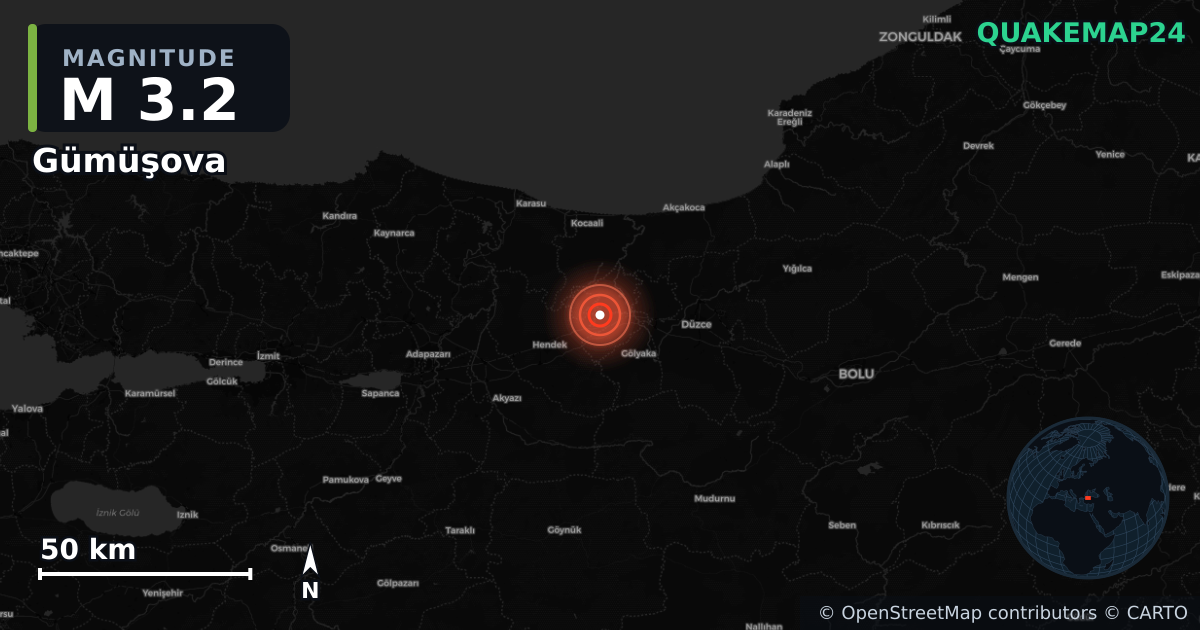 Sismo de M3,2 perto de Gümüşova, Düzce (Turquia) · 2026-06-24 — Mapa da localização do epicentro