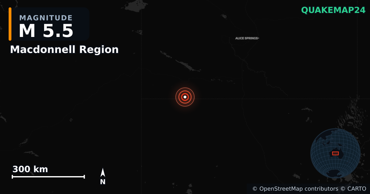 M5.5 earthquake near Macdonnell Region on Apr 4, 2026 — map of epicenter and shaking intensity | QuakeMap24