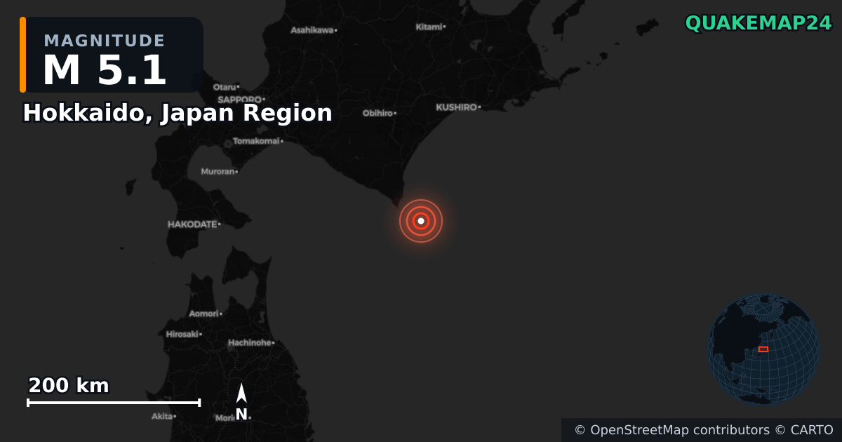 M5.1 earthquake near Hokkaido, Japan Region on Jun 3, 2025 — map of epicenter and shaking intensity | QuakeMap24