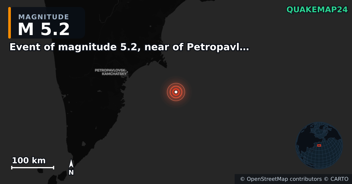 M5.2 earthquake near Event of magnitude 5.2, near of Petropavlovsk Kamchatskiy (Monde) on Sep 8, 2025 — map of epicenter and shaking intensity | QuakeMap24