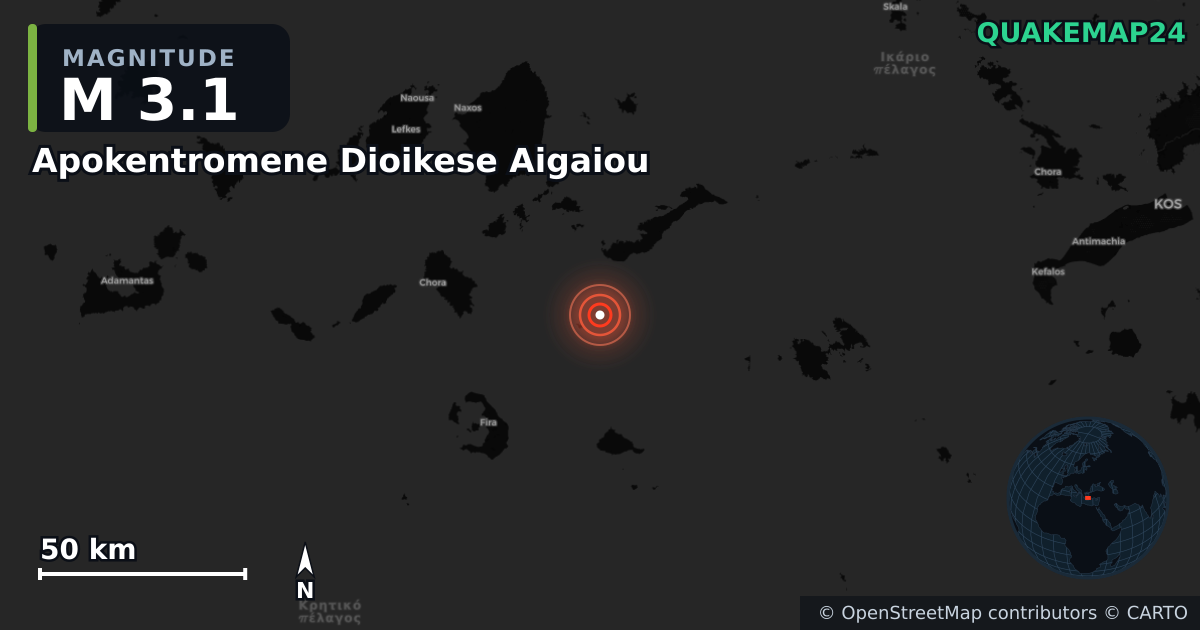 M3.1 earthquake near Apokentromene Dioikese Aigaiou on Sep 15, 2025 — map of epicenter and shaking intensity | QuakeMap24