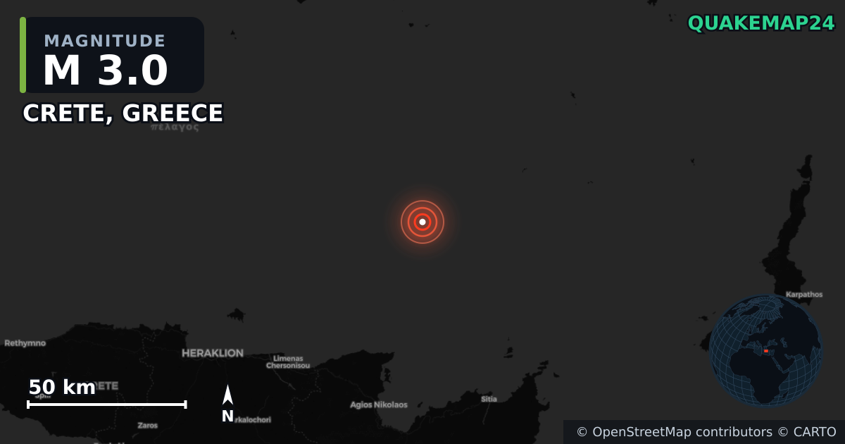 M3.0 earthquake near CRETE, GREECE on Jun 14, 2025 — map of epicenter and shaking intensity | QuakeMap24