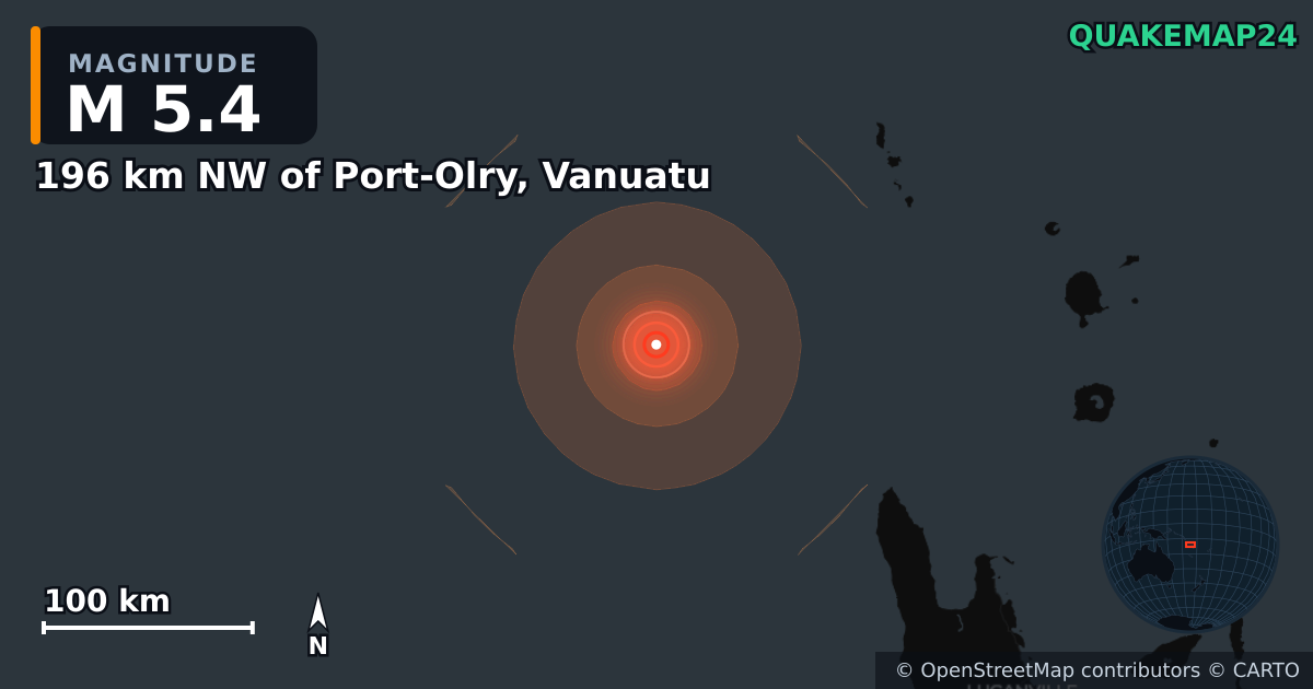 M5.4 Earthquake near 196 km NW of Port-Olry, Vanuatu · 2026-10-19 — Map showing the location of the epicenter