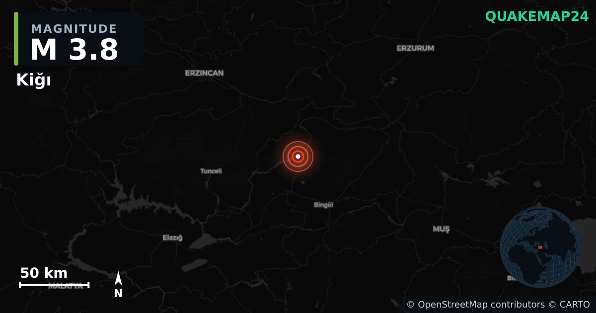 M3.8 earthquake near Kiğı on May 26, 2025 — map of epicenter and shaking intensity | QuakeMap24