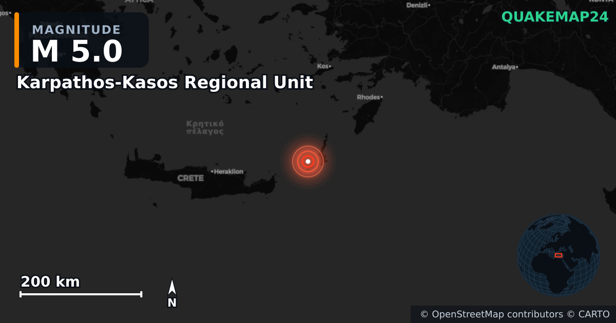 Karpathos-Kasos Regional Unit, South Aegean (Yunanistan) yakınında M5,0 deprem · 2026-06-24 — Deprem merkez üssünün konumunu gösteren harita