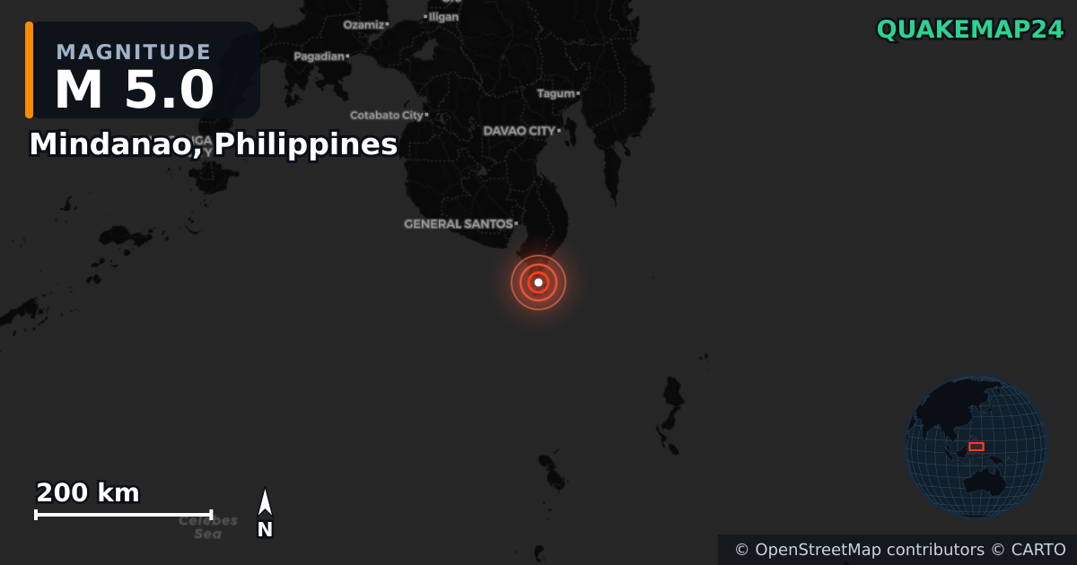 M5.0 earthquake near Mindanao, Philippines on Jun 8, 2026 — map of epicenter and shaking intensity | QuakeMap24