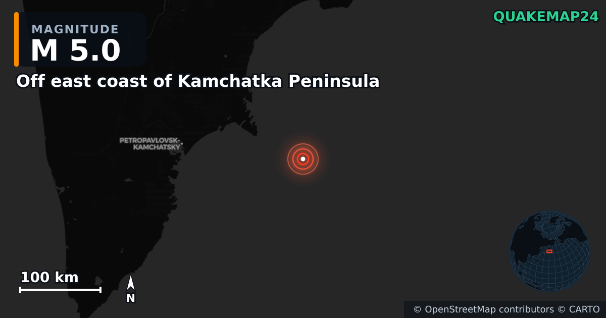 M5.0 earthquake near Off east coast of Kamchatka Peninsula on Jun 19, 2026 — map of epicenter and shaking intensity | QuakeMap24