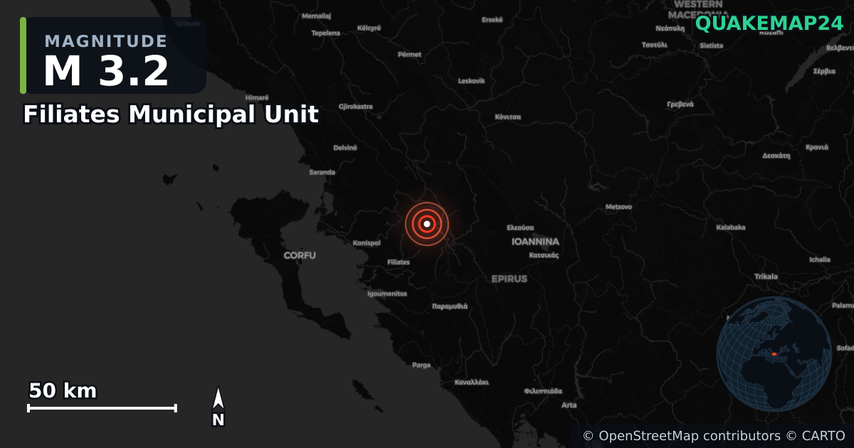 Filiates Municipal Unit, Epirus (Yunanistan) yakınında M3,2 deprem · 2026-09-27 — Deprem merkez üssünün konumunu gösteren harita