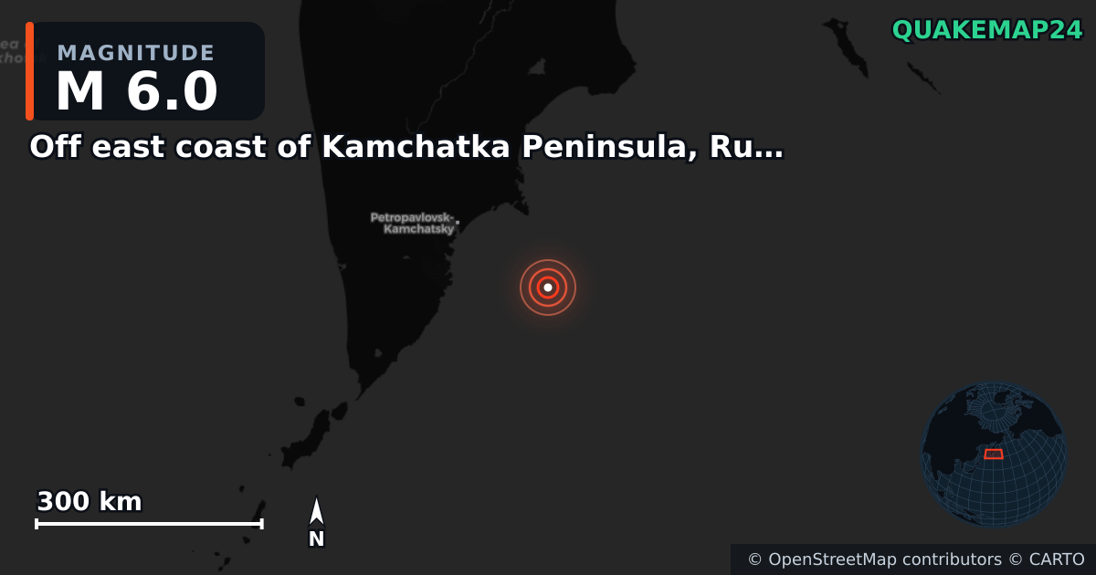 M6.0 earthquake near Off east coast of Kamchatka Peninsula, Russia [Sea: Russia] on Sep 19, 2025 — map of epicenter and shaking intensity | QuakeMap24