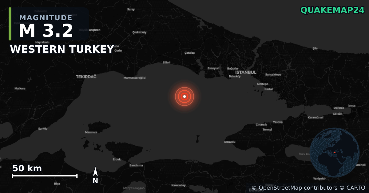 M3.2 earthquake near WESTERN TURKEY on Jun 25, 2025 — map of epicenter and shaking intensity | QuakeMap24