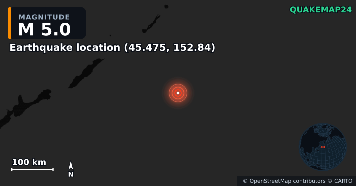 M5.0 earthquake near Τοποθεσία σεισμού (45.475, 152.84) on Mar 3, 2026 — map of epicenter and shaking intensity | QuakeMap24