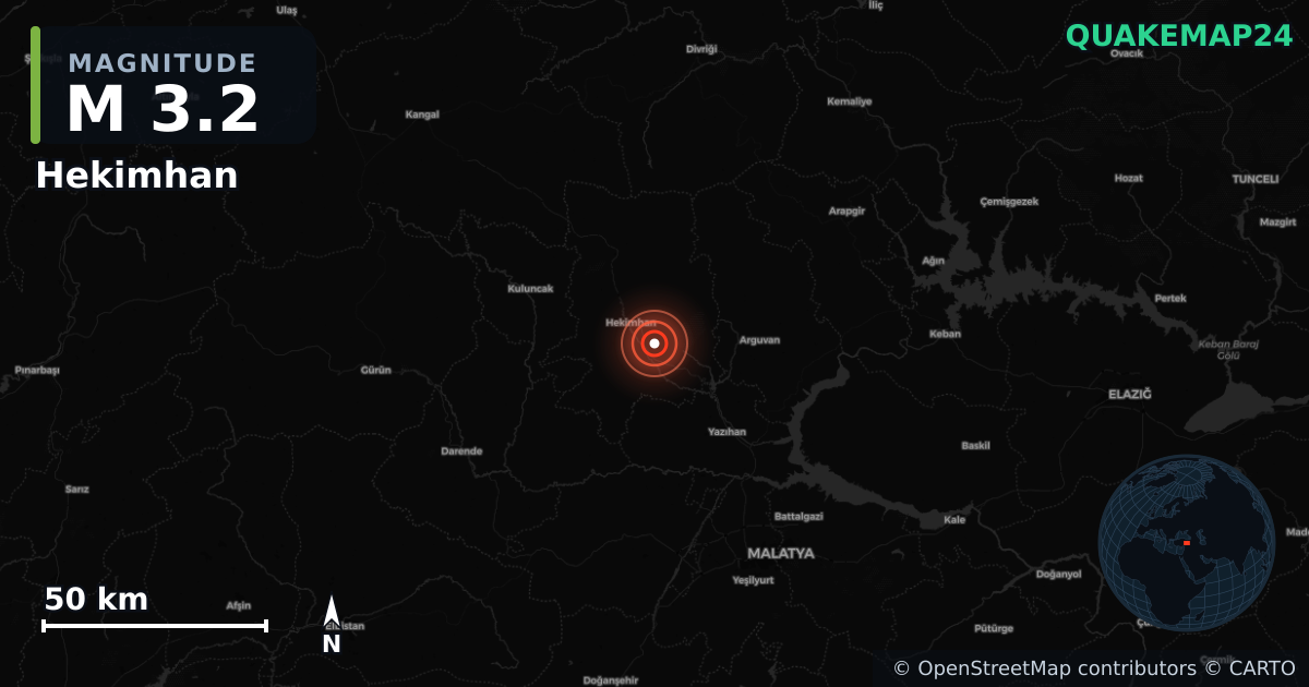 M3.2 earthquake near Hekimhan on Oct 5, 2025 — map of epicenter and shaking intensity | QuakeMap24