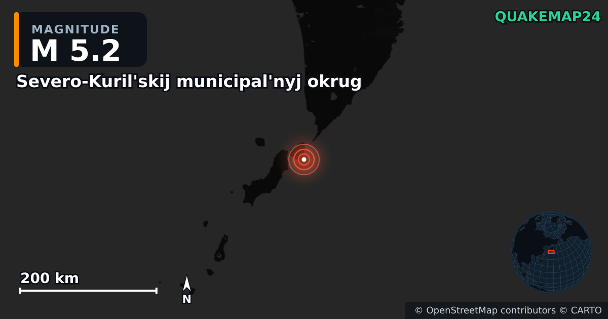 M5.2 earthquake near Severo-Kuril'skij municipal'nyj okrug on Feb 6, 2026 — map of epicenter and shaking intensity | QuakeMap24