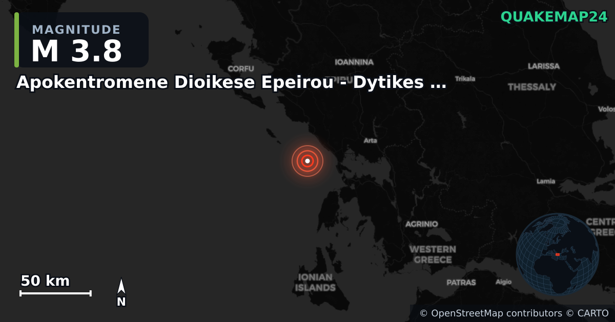 M3.8 earthquake near Apokentromene Dioikese Epeirou - Dytikes Makedonias on Nov 18, 2025 — map of epicenter and shaking intensity | QuakeMap24