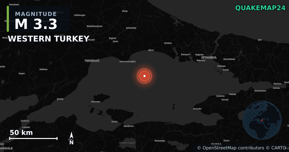 M3.3 earthquake near WESTERN TURKEY on Sep 5, 2025 — map of epicenter and shaking intensity | QuakeMap24