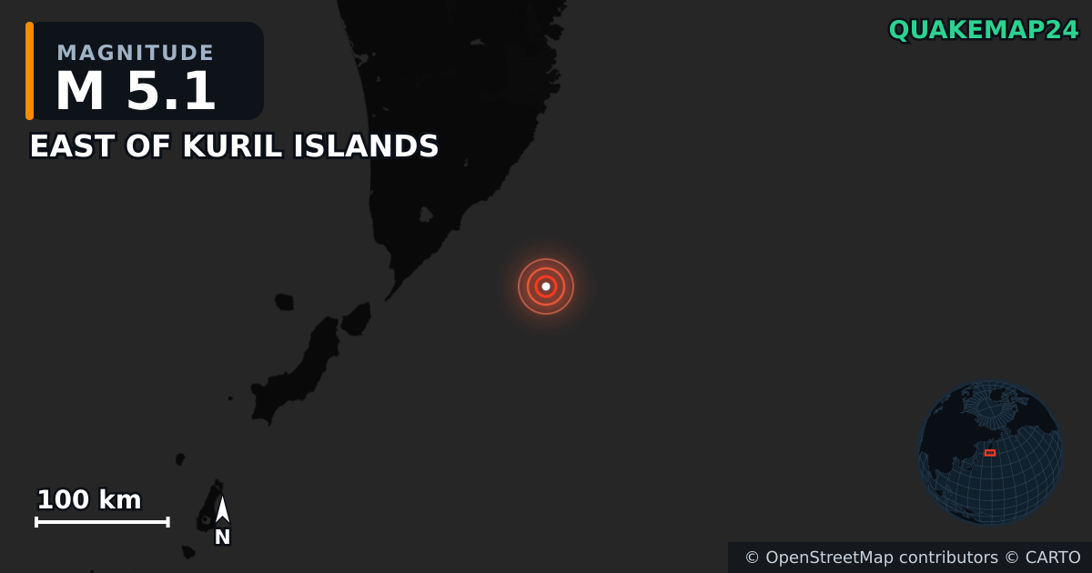 M5.1 earthquake near EAST OF KURIL ISLANDS on Jul 30, 2025 — map of epicenter and shaking intensity | QuakeMap24