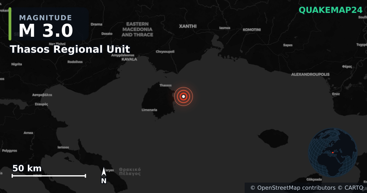 M3.0 earthquake near Thasos Regional Unit on Jul 2, 2026 — map of epicenter and shaking intensity | QuakeMap24