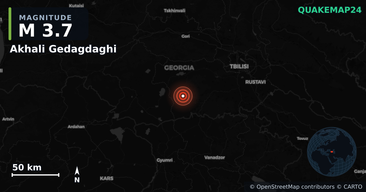 M3.7 earthquake near Akhali Gedagdaghi on Jul 25, 2026 — map of epicenter and shaking intensity | QuakeMap24