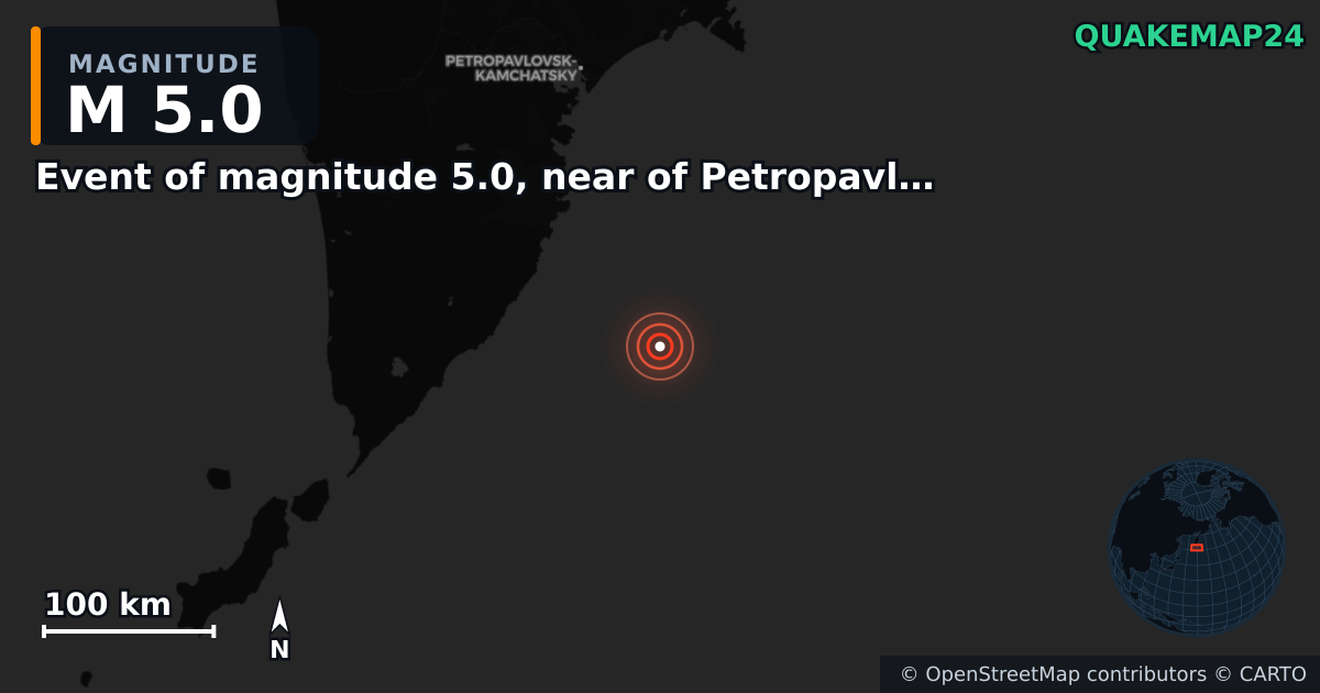 M5.0 earthquake near Event of magnitude 5.0, near of Petropavlovsk Kamchatskiy (Monde) on Sep 25, 2025 — map of epicenter and shaking intensity | QuakeMap24