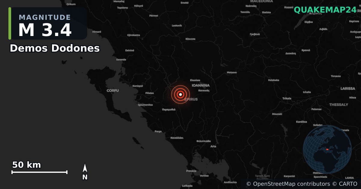 M3.4 earthquake near Demos Dodones on Mar 26, 2026 — map of epicenter and shaking intensity | QuakeMap24