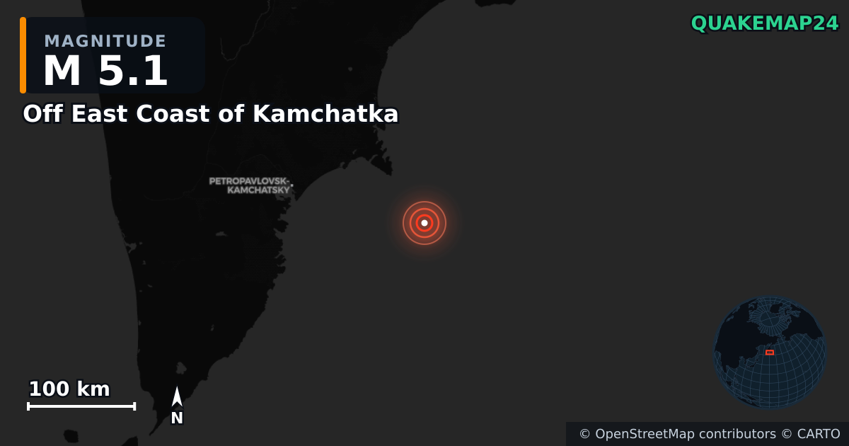 M5.1 earthquake near Off East Coast of Kamchatka on Jul 20, 2025 — map of epicenter and shaking intensity | QuakeMap24