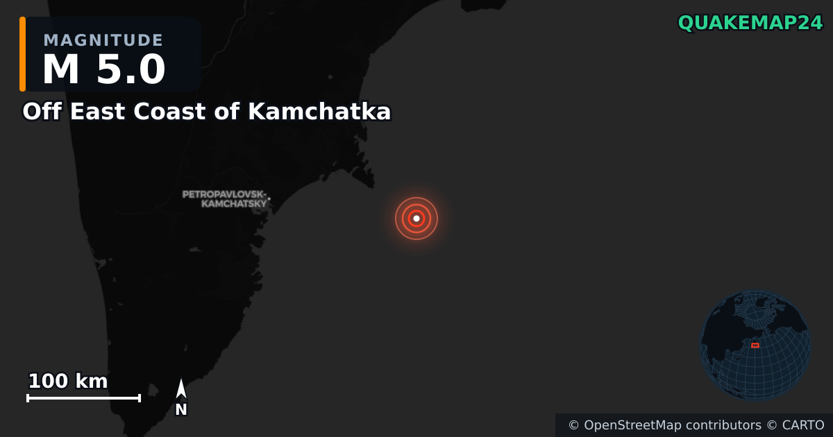 Erdbeben M5,0 bei Off East Coast of Kamchatka — Karte der Lage des Epizentrums
