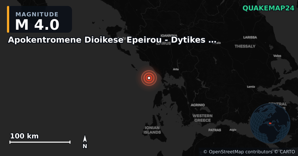 M4.0 earthquake near Apokentromene Dioikese Epeirou - Dytikes Makedonias on Nov 18, 2025 — map of epicenter and shaking intensity | QuakeMap24