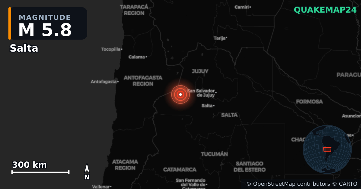 M5.8 earthquake near Salta on Sep 4, 2025 — map of epicenter and shaking intensity | QuakeMap24