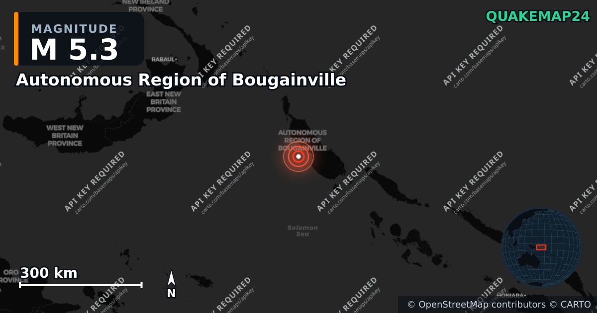 M5.3 earthquake near Autonomous Region of Bougainville on Dec 10, 2025 — map of epicenter and shaking intensity | QuakeMap24