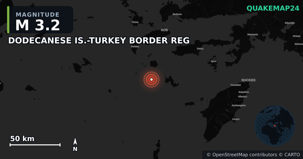 M3.2 earthquake near DODECANESE IS.-TURKEY BORDER REG on Nov 1, 2025 — map of epicenter and shaking intensity | QuakeMap24