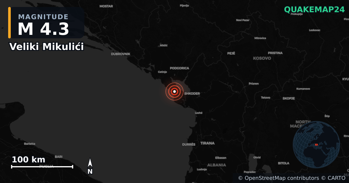 M4.3 earthquake near Veliki Mikulići on Feb 17, 2026 — map of epicenter and shaking intensity | QuakeMap24