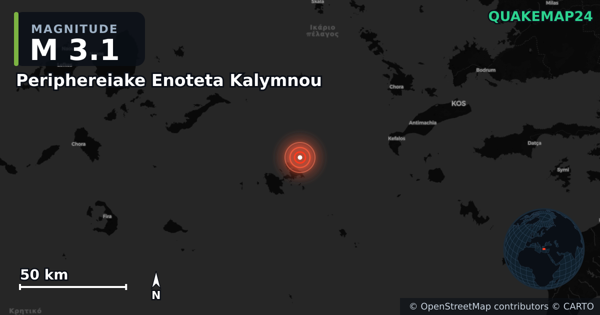 M3.1 earthquake near Periphereiake Enoteta Kalymnou on Oct 19, 2025 — map of epicenter and shaking intensity | QuakeMap24