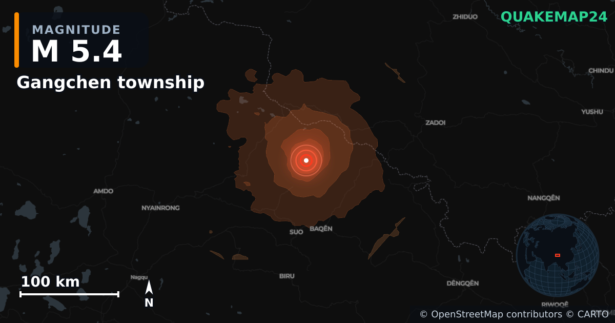 Erdbeben M5,4 bei Gangchen township, Xizang (China) · 2026-10-27 — Karte der Lage des Epizentrums