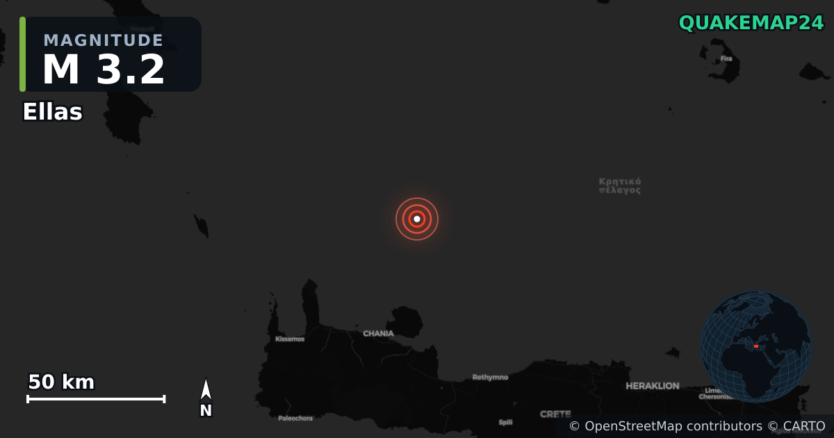 M3.2 earthquake near Ellas on Jan 29, 2026 — map of epicenter and shaking intensity | QuakeMap24
