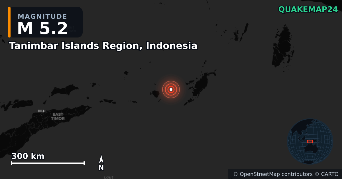 Erdbeben M5,2 bei Tanimbar Islands Region, Indonesia — Karte der Lage des Epizentrums