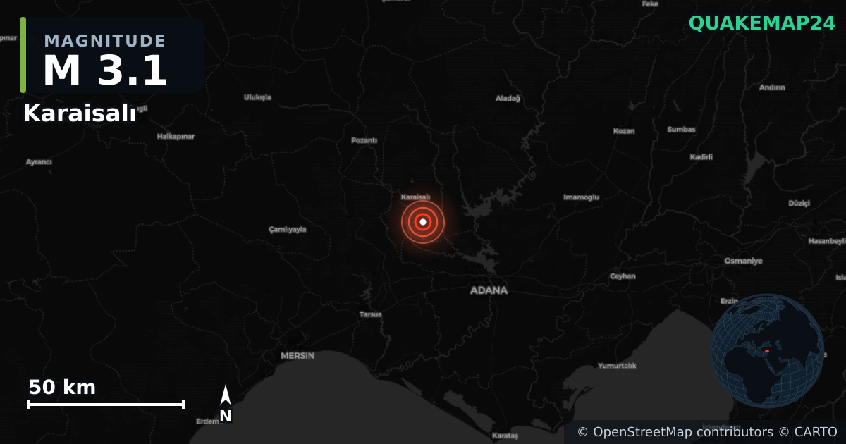 M3.1 earthquake near Karaisalı on Jan 7, 2026 — map of epicenter and shaking intensity | QuakeMap24