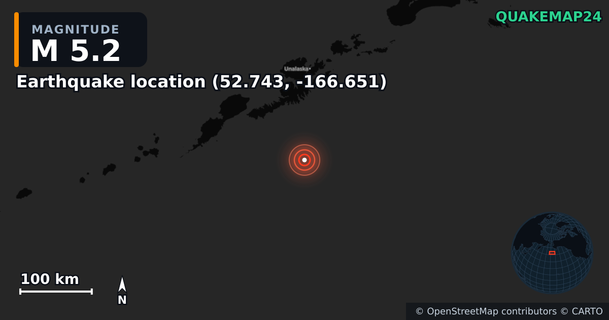 M5.2 earthquake near Erdbeben-Standort (52.743, -166.651) on Jan 21, 2025 — map of epicenter and shaking intensity | QuakeMap24