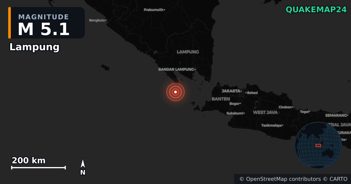 M5.1 earthquake near Lampung on Jun 27, 2026 — map of epicenter and shaking intensity | QuakeMap24