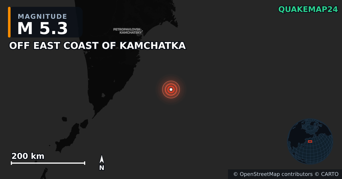 M5.3 earthquake near OFF EAST COAST OF KAMCHATKA on Aug 6, 2025 — map of epicenter and shaking intensity | QuakeMap24