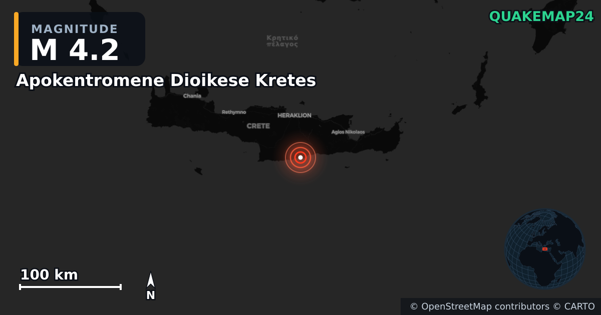 M4.2 earthquake near Apokentromene Dioikese Kretes on May 30, 2025 — map of epicenter and shaking intensity | QuakeMap24