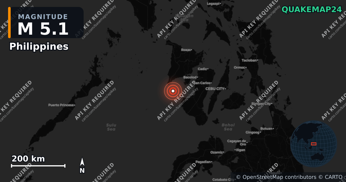 M5.1 earthquake near Philippines on Jun 14, 2026 — map of epicenter and shaking intensity | QuakeMap24